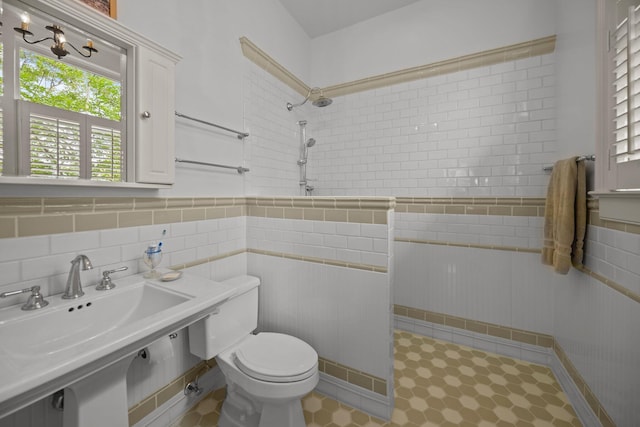 41 Legare St Unit C, Charleston, SC 29401 - bathroom with a tile shower, pet washing station, toilet, healthy amount of natural light, and wainscoting