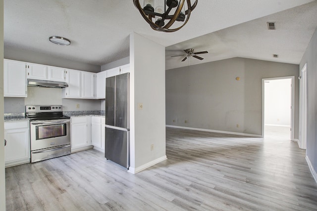 kitchen featuring white cabinets, under cabinet range hood, stainless steel appliances, and light wood-style floors
