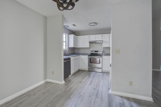 kitchen featuring a sink, stainless steel range with electric cooktop, dishwasher, light wood finished floors, and under cabinet range hood