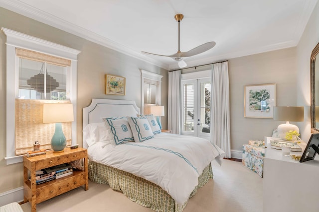 carpeted bedroom with crown molding, ceiling fan, access to exterior, and french doors