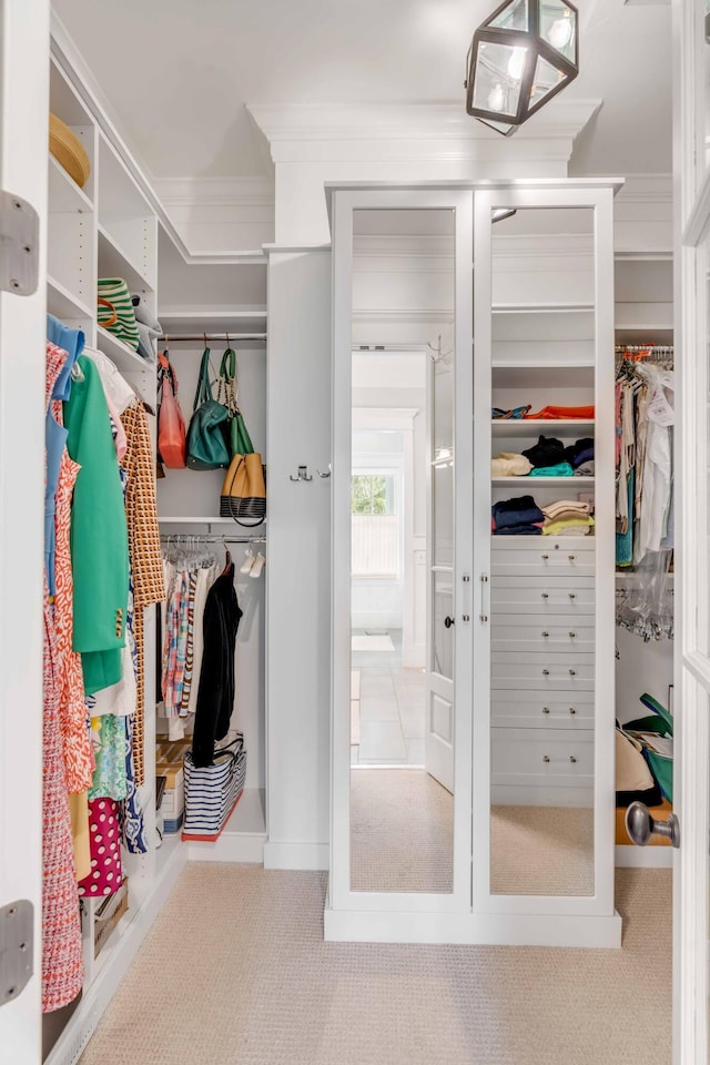 walk in closet with carpet flooring