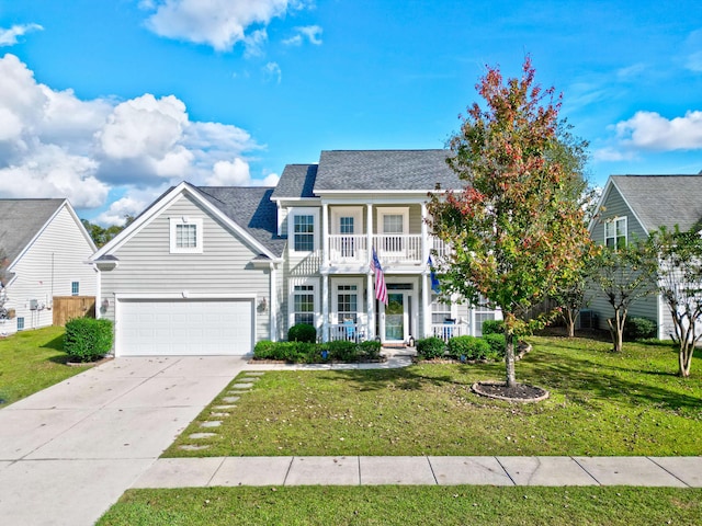 view of front of property with a balcony, a front yard, a garage, and a porch