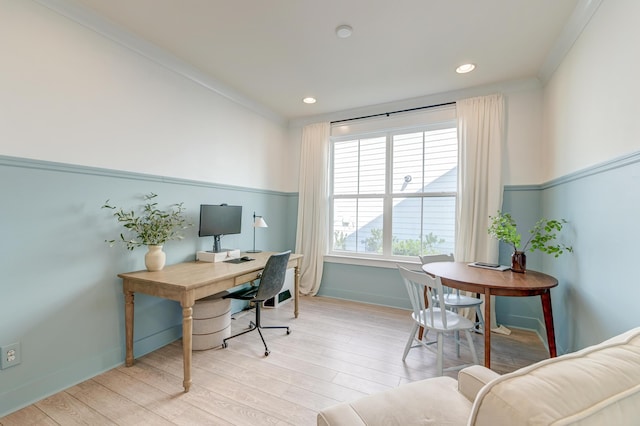 home office with recessed lighting, light wood-type flooring, baseboards, and ornamental molding