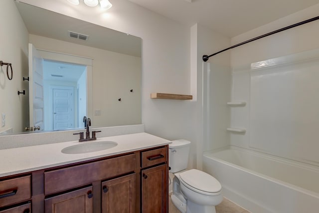 full bath featuring visible vents, toilet, bathtub / shower combination, and vanity