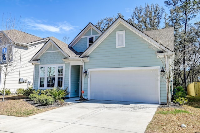 view of front of property featuring concrete driveway, a garage, and roof with shingles