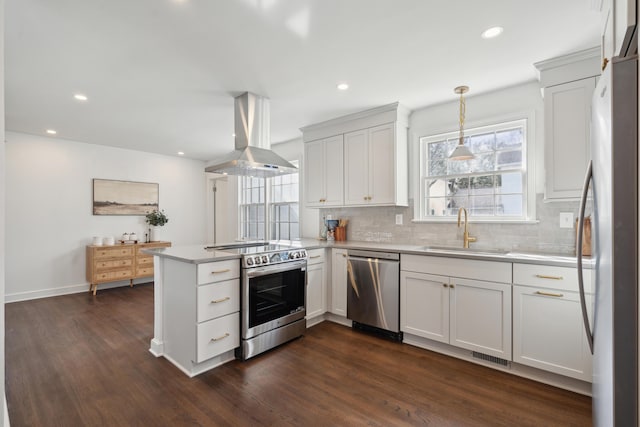 kitchen featuring a sink, appliances with stainless steel finishes, a peninsula, island range hood, and dark wood-style flooring