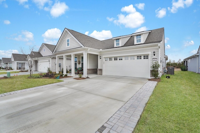 view of front of house with cooling unit, a front lawn, and a porch