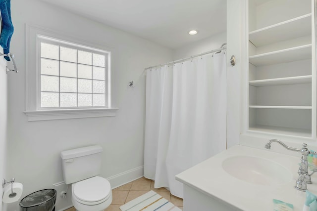 bathroom featuring recessed lighting, a shower with shower curtain, toilet, vanity, and tile patterned floors