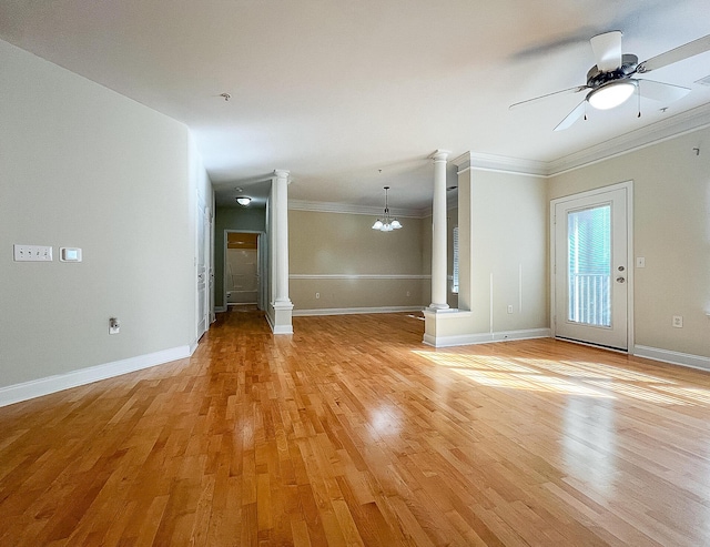 unfurnished living room featuring ornate columns, a ceiling fan, ornamental molding, light wood-type flooring, and baseboards