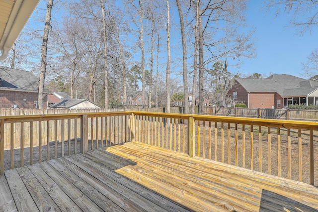 wooden deck with a fenced backyard and a residential view