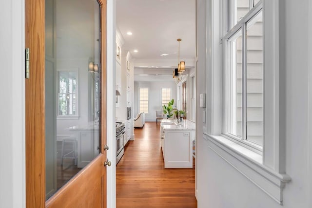 interior space featuring light wood finished floors, ornamental molding, and recessed lighting