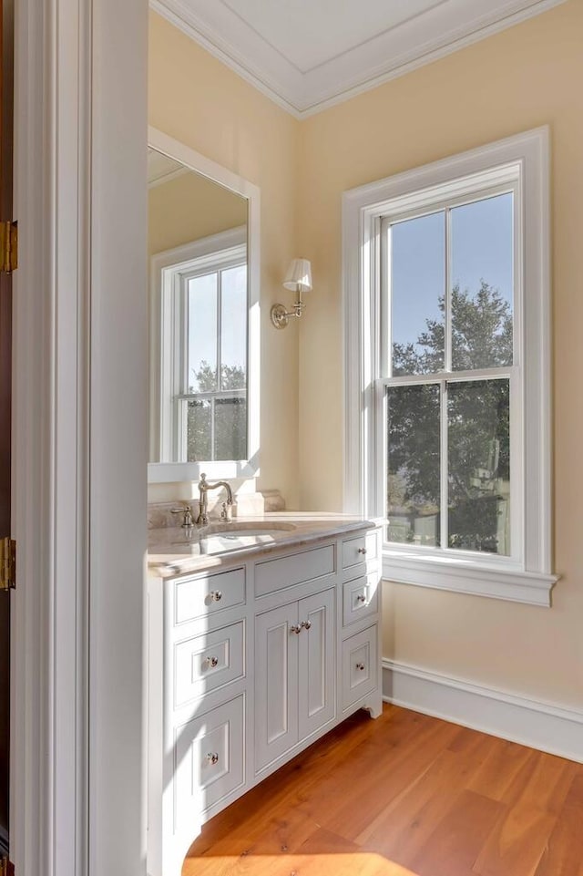 bathroom featuring plenty of natural light, crown molding, vanity, and wood finished floors