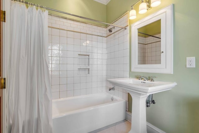 bathroom featuring shower / bathtub combination with curtain and tile patterned floors