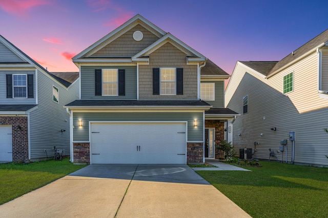 458 Whispering Breeze Ln, Summerville, SC 29486 - craftsman inspired home featuring driveway, stone siding, a front yard, central AC unit, and a garage