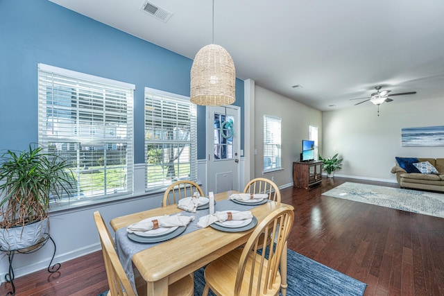 458 Whispering Breeze Ln, Summerville, SC 29486 - dining space with ceiling fan, baseboards, dark wood finished floors, and visible vents