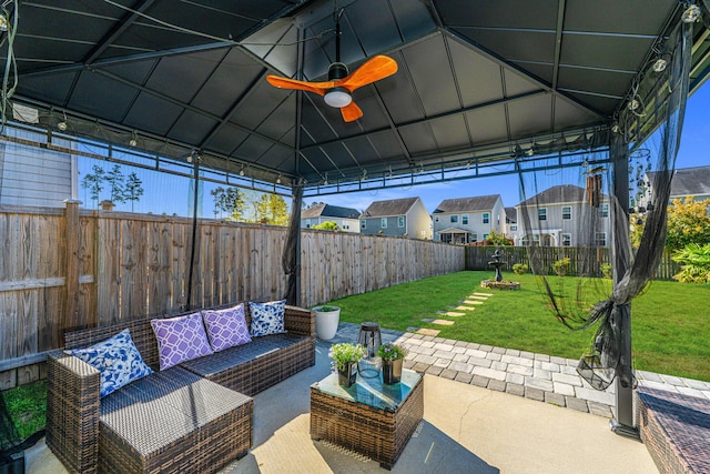 458 Whispering Breeze Ln, Summerville, SC 29486 - view of patio / terrace with a gazebo, a ceiling fan, a fenced backyard, an outdoor hangout area, and a residential view
