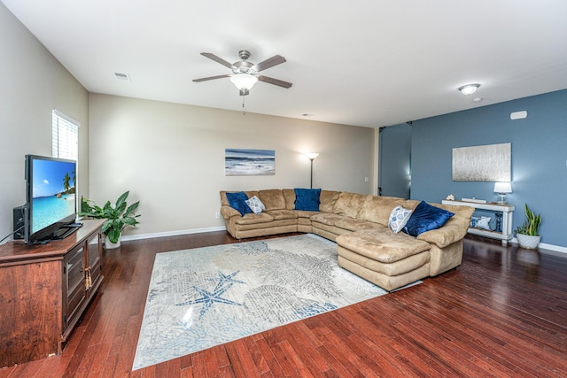 458 Whispering Breeze Ln, Summerville, SC 29486 - living room with visible vents, ceiling fan, baseboards, and dark wood-style floors