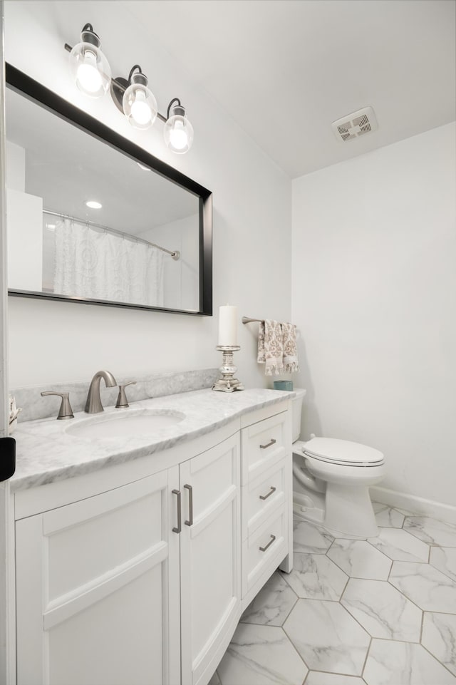 2137 Barbour Dr, Charleston, SC 29414 - full bathroom featuring visible vents, baseboards, toilet, marble finish floor, and vanity