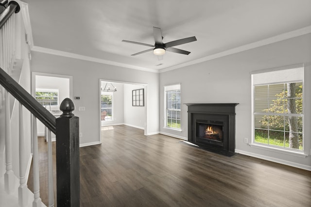 132 E Hartwick Ln, Goose Creek, SC 29445 - unfurnished living room featuring a fireplace with flush hearth, dark wood-style floors, stairway, and ornamental molding