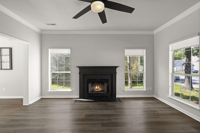132 E Hartwick Ln, Goose Creek, SC 29445 - unfurnished living room featuring a fireplace with flush hearth, baseboards, crown molding, and dark wood-style floors