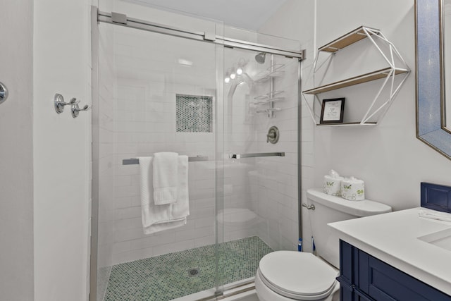 full bath featuring a shower stall, toilet, and vanity