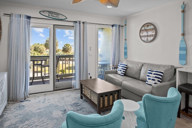 living area featuring ceiling fan and crown molding