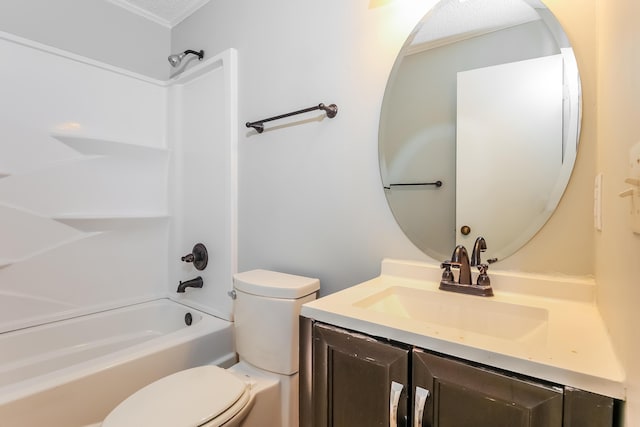 full bathroom featuring vanity, toilet, ornamental molding, a textured ceiling, and shower / bathtub combination