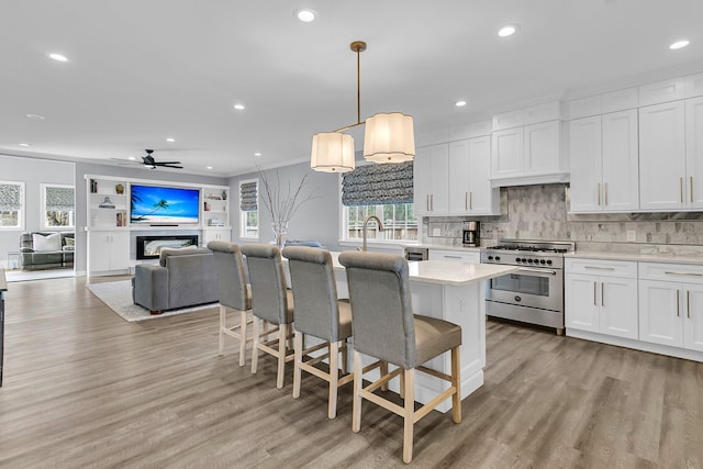 kitchen with light wood-style flooring, high end stainless steel range, custom exhaust hood, light countertops, and a fireplace