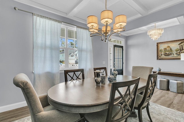 dining room with wood finished floors, beam ceiling, and an inviting chandelier