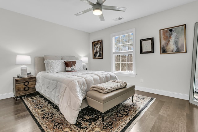 bedroom featuring visible vents, dark wood finished floors, baseboards, and ceiling fan