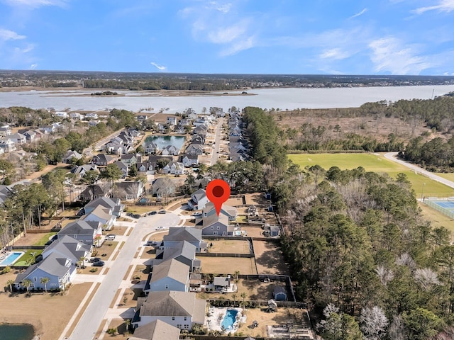 drone / aerial view featuring a water view