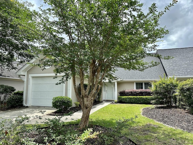 view of front of house featuring a garage, a front yard, concrete driveway, and roof with shingles