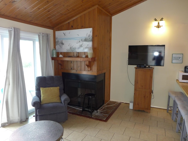 237 Driftwood Ln, Edisto Island, SC 29438 - living area with wood walls, a fireplace, wood ceiling, and lofted ceiling