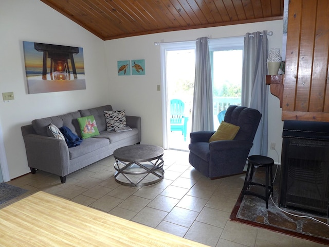 237 Driftwood Ln, Edisto Island, SC 29438 - living area featuring wooden ceiling, light tile patterned flooring, and vaulted ceiling