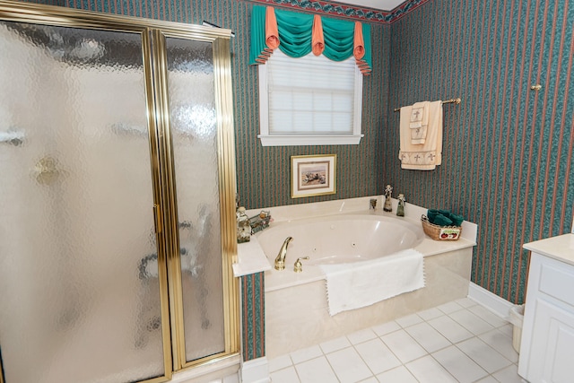 bathroom with vanity, separate shower and tub, and tile patterned flooring