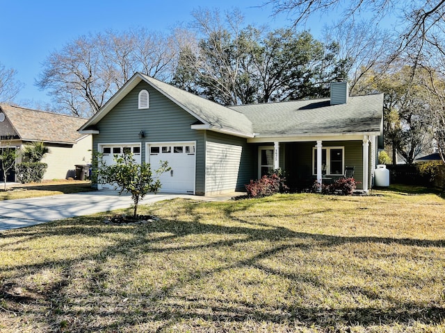 single story home with concrete driveway, an attached garage, a front lawn, and a chimney