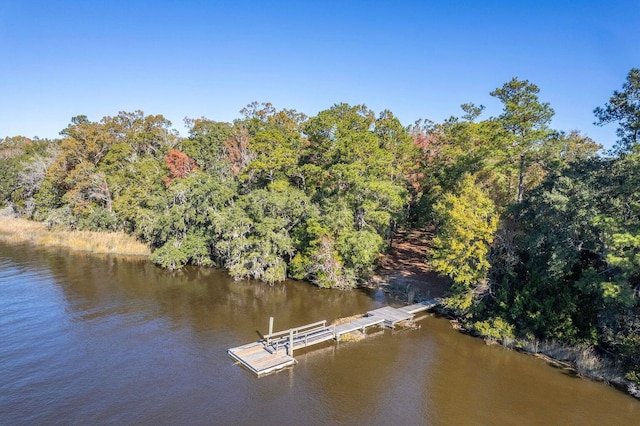 view of dock featuring a forest view and a water view