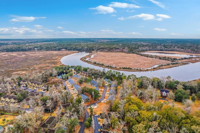 aerial view featuring a water view and a residential view