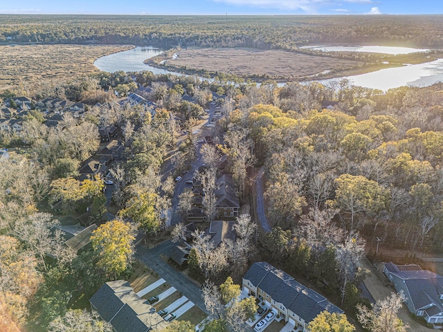 aerial view with a water view and a view of trees