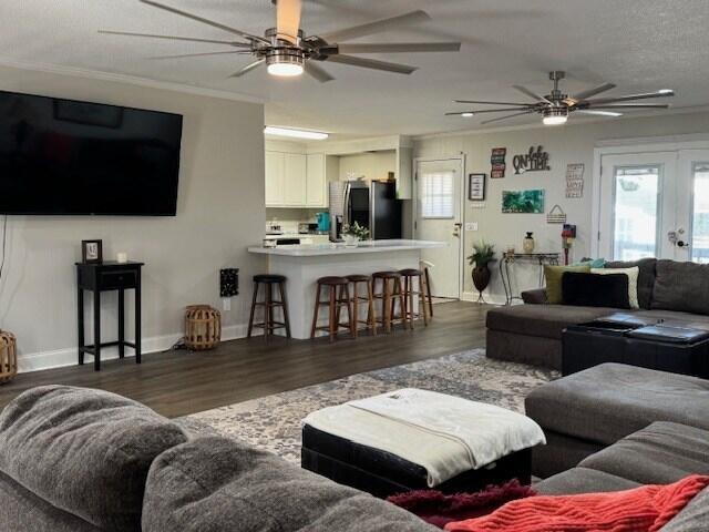1188 Blackberry Bush Rd, Summerton, SC 29148 - living area with baseboards, ceiling fan, french doors, and dark wood-style floors
