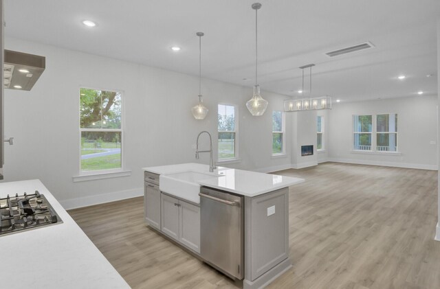 3029 Robeson Trce, Johns Island, SC 29455 - kitchen with stainless steel appliances, a sink, light countertops, light wood-style floors, and baseboards