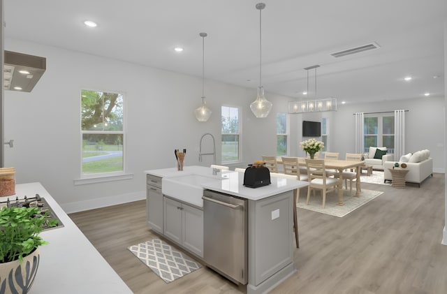 3029 Robeson Trce, Johns Island, SC 29455 - kitchen with stainless steel appliances, a sink, light wood-type flooring, gray cabinets, and light countertops