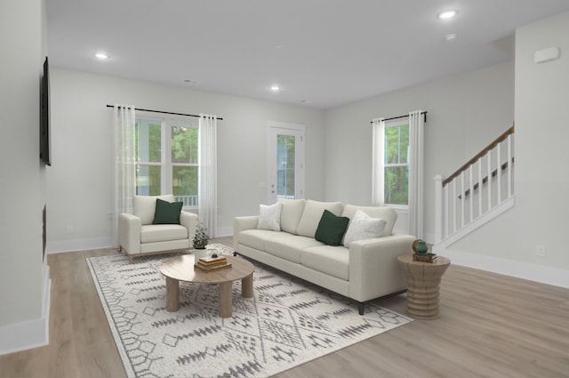 3029 Robeson Trce, Johns Island, SC 29455 - living room featuring wood finished floors, baseboards, stairs, and recessed lighting