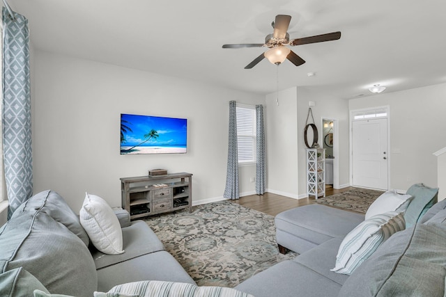 9706 Fanning Basket Ln, Ladson, SC 29456 - living area with a ceiling fan, baseboards, and wood finished floors