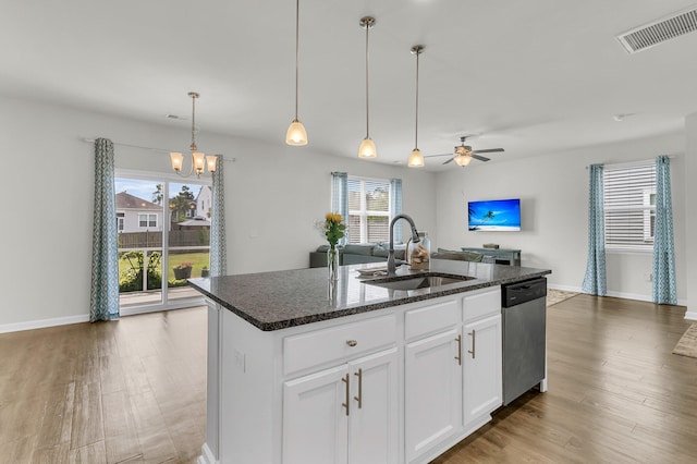 9706 Fanning Basket Ln, Ladson, SC 29456 - kitchen featuring visible vents, stainless steel dishwasher, a kitchen island with sink, open floor plan, and a sink