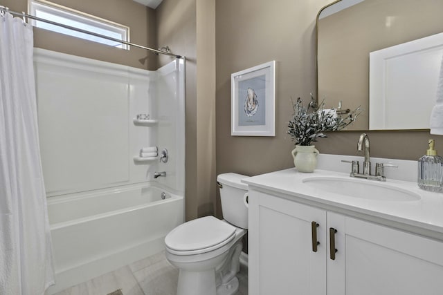 bathroom with toilet, shower / bathtub combination with curtain, and vanity