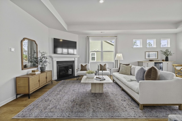 living area featuring baseboards, a raised ceiling, a fireplace with flush hearth, wine cooler, and wood finished floors