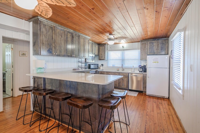 kitchen featuring dishwasher, wooden ceiling, white refrigerator, wooden walls, and light hardwood / wood-style floors