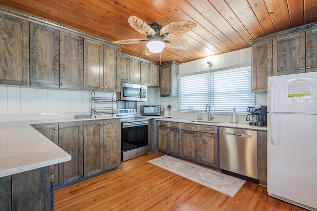 kitchen with sink, light hardwood / wood-style floors, dark brown cabinets, wood ceiling, and appliances with stainless steel finishes