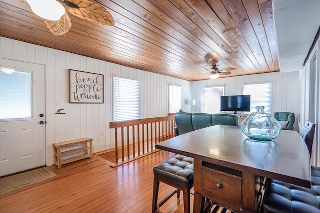 dining space featuring wood-type flooring, plenty of natural light, wood walls, and wood ceiling